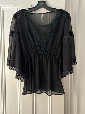 Free People | Black Sheer | Lace-Trim Blouse | Size S/P